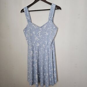 French Grey Floral Light Blue Sundress Mini Sleeveless Large Womens Lightweight